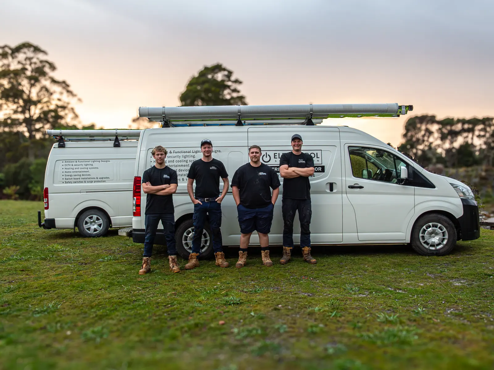 The Electripol team at dusk in front of their work van